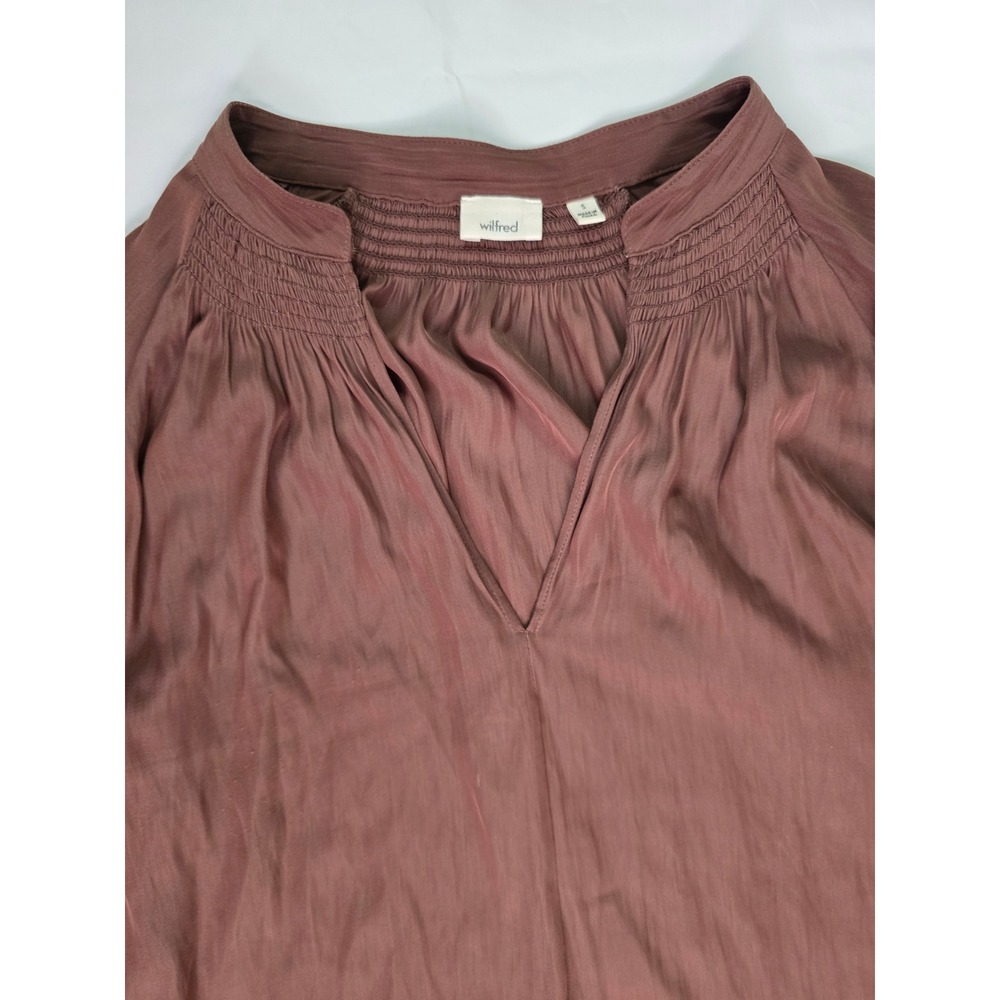 Wilfred Aritzia Brown Smocked V-Neck Long Sleeve Blouse Size Small - Picture 5 of 13